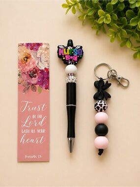 Black Nurse Pen with Pink and Black Beaded Keychain - Nursing Gift